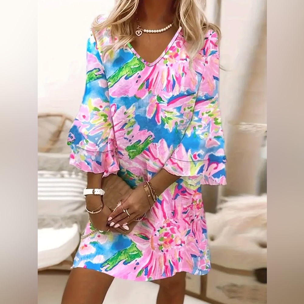 NEW Floral V-Neck Sophie Ruffle Dress in Pink and Blue with Bell Sleeves Medium